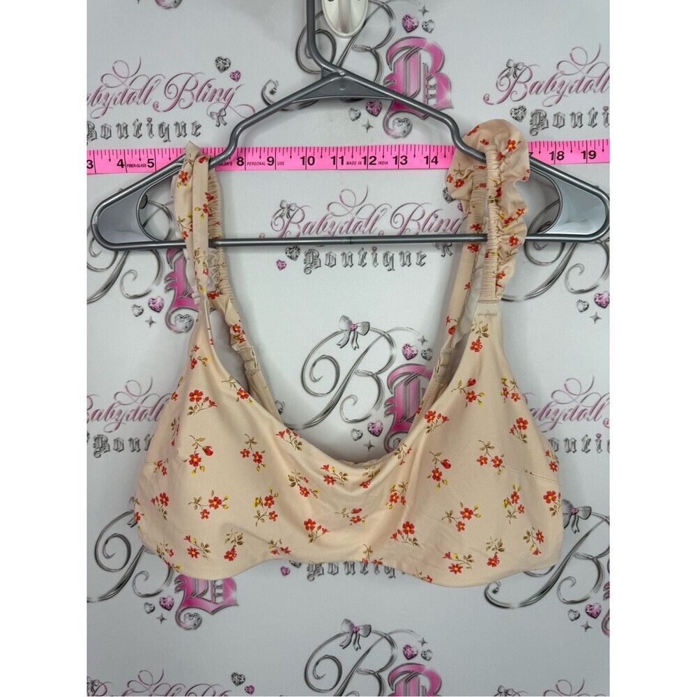 aerie bikini Beige Floral Bikini Top with Red-Orange Blossoms